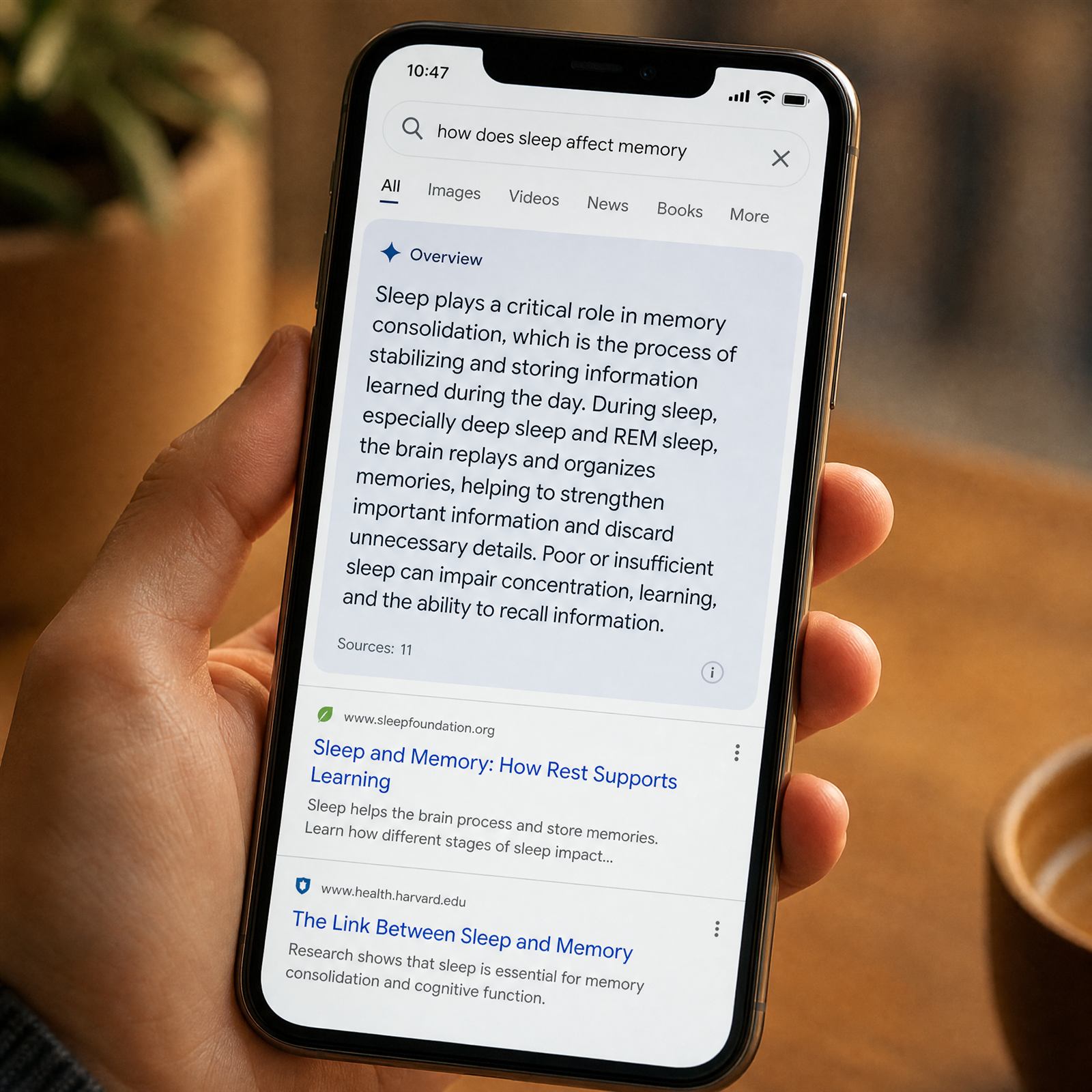 Phone showing a Google AI Overview answer summarizing search results at the top of the page