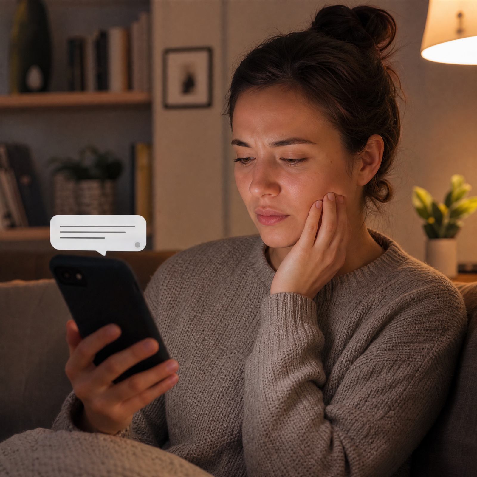 Woman on her couch at night holding her jaw in pain while looking at her phone
