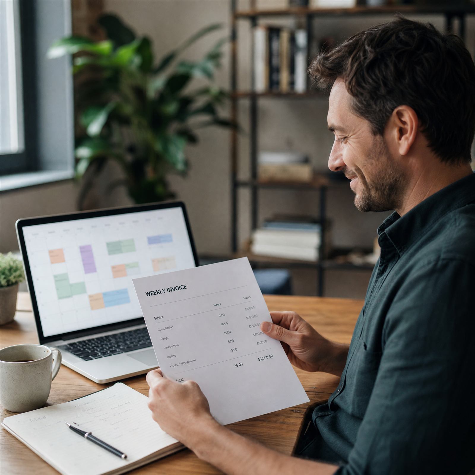 Business owner reviewing a weekly invoice next to a laptop showing a scheduling calendar