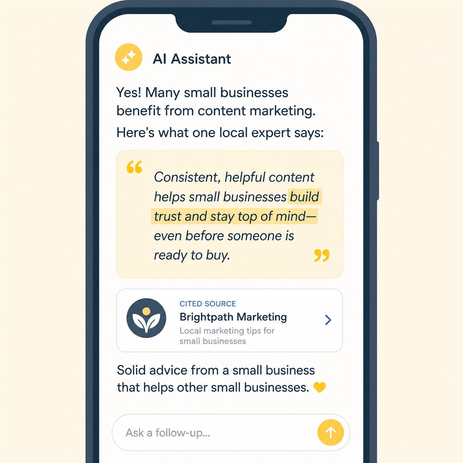 Phone screen showing an AI assistant citing a small business as a trusted source in its answer