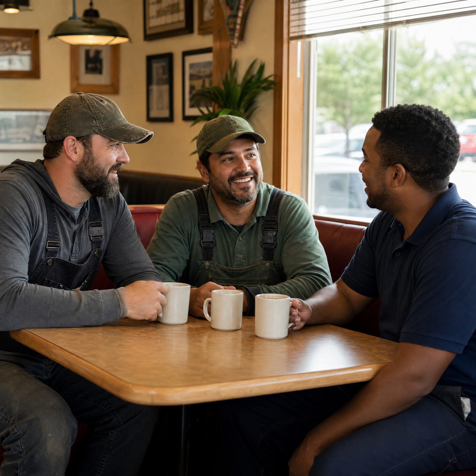 A roofer, a landscaper, and a mover sharing coffee in a diner booth, comparing notes on their businesses