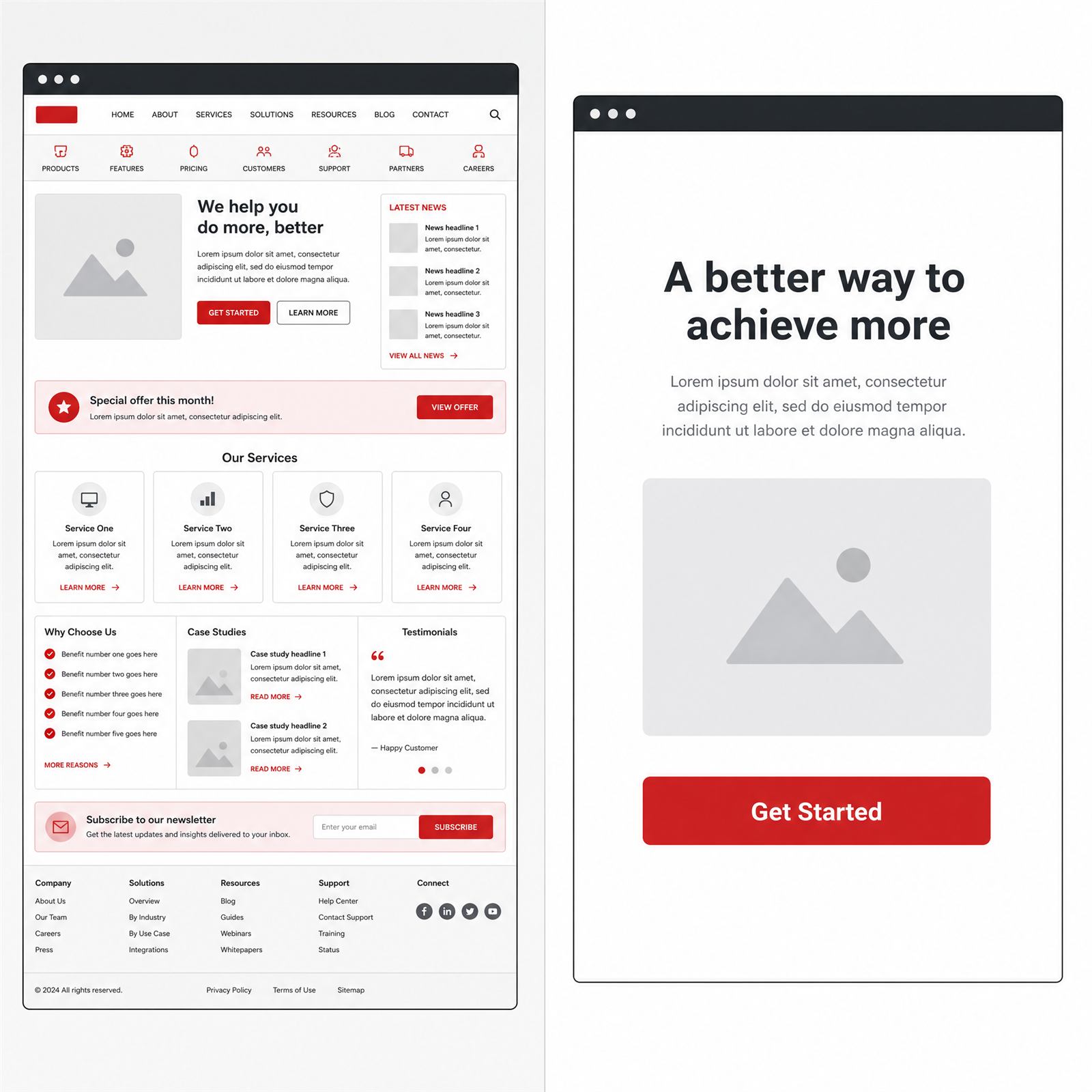 Side-by-side comparison of a cluttered homepage template versus a clean, single-goal landing page