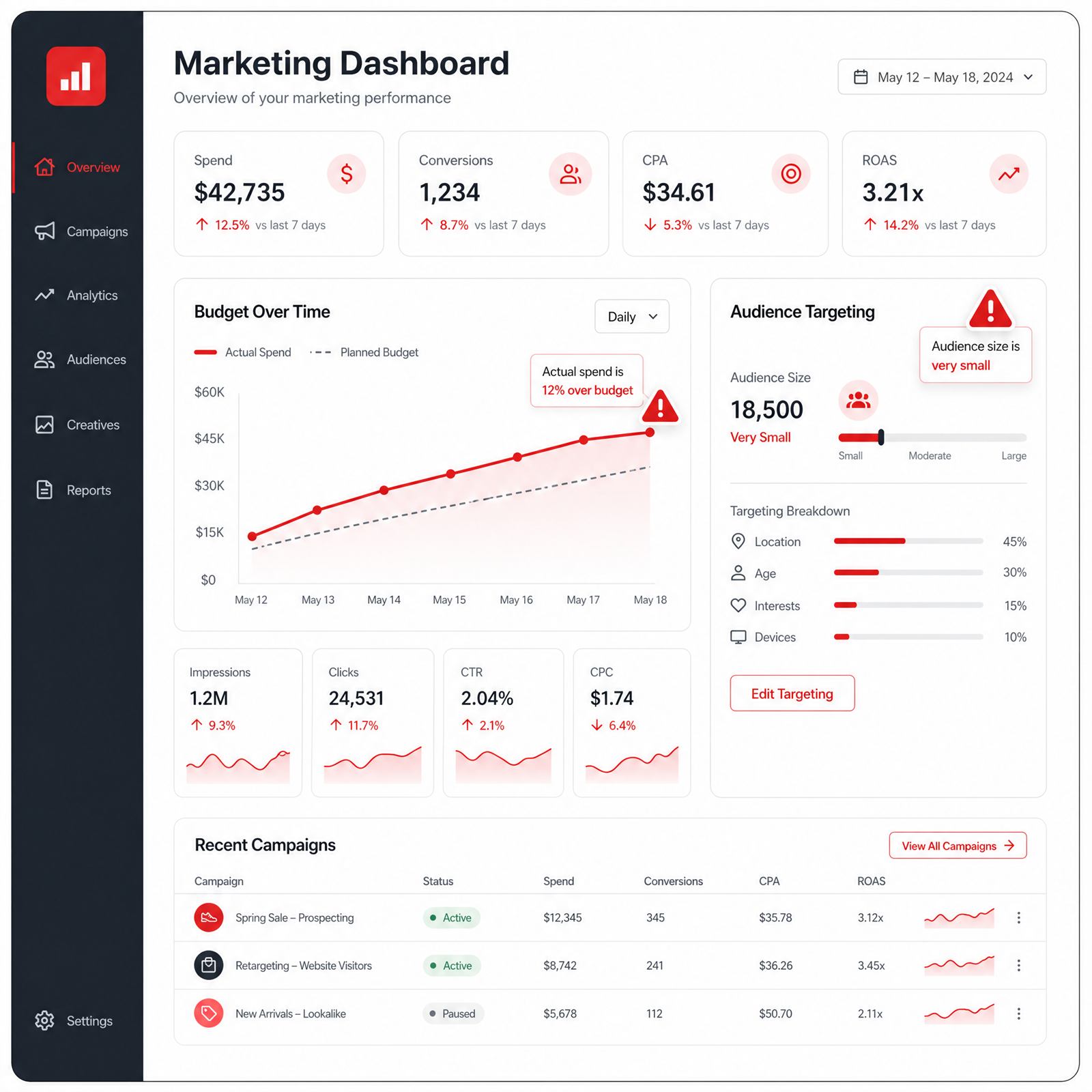 Marketing dashboard showing budget overspend and a very small audience-size warning