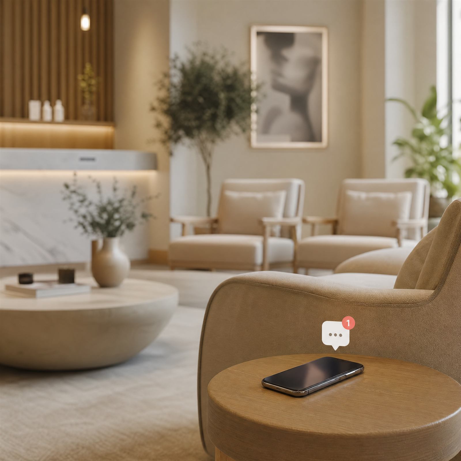 Med spa waiting lounge with a phone on a side table showing a new text message notification