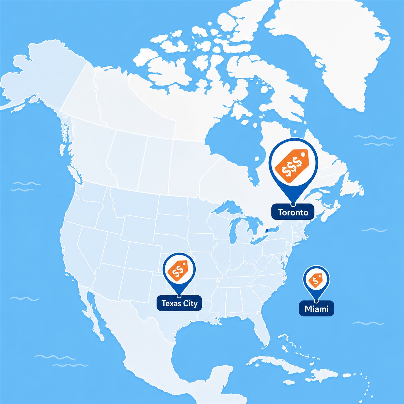 Stylized map of North America highlighting Toronto, Texas City, and Miami with cost-per-click comparison markers