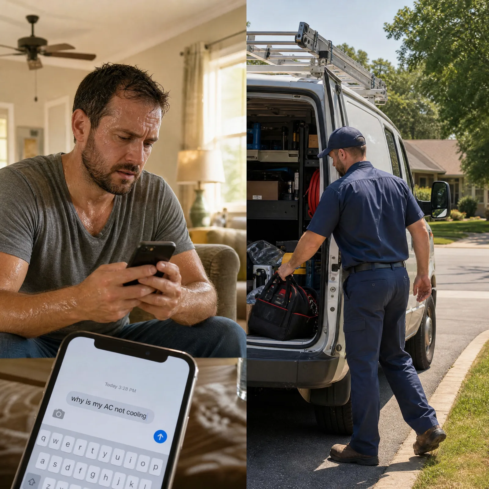 HVAC technician answering an emergency service call while a homeowner asks ChatGPT why their AC is not cooling